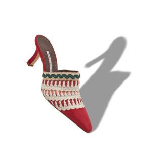 ALO röda mockamules med stickade detaljer