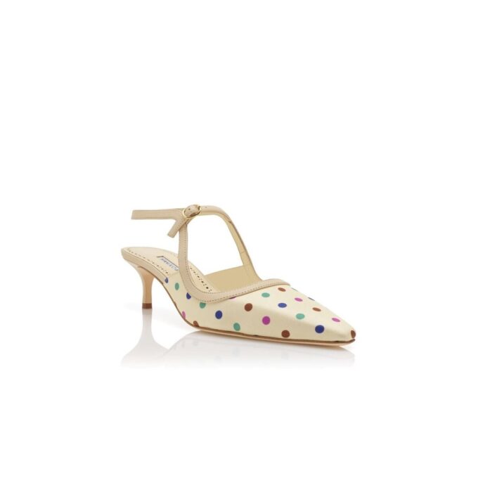 ATOCHAS Krämfärgade silkepumps med polka-prickar och ankelrem
