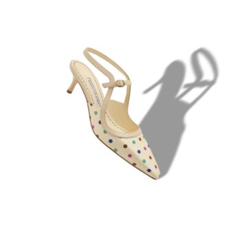 ATOCHAS Krämfärgade silkepumps med polka-prickar och ankelrem