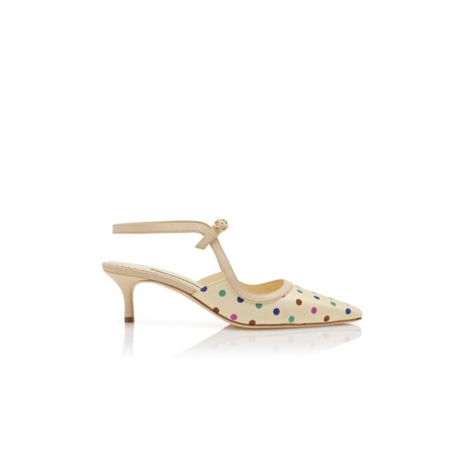 ATOCHAS Krämfärgade silkepumps med polka-prickar och ankelrem