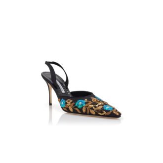 BORELA Svarta pumps i crepe de chine med broderi