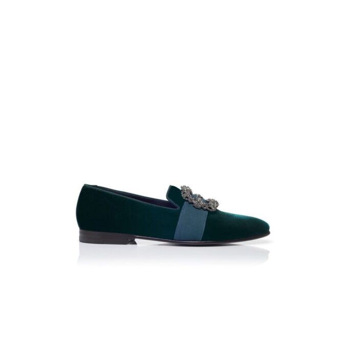CARLTON Loafers i grön sammet med smyckesspänne CARLTON Loafers i grön sammet med smyckesspänne
