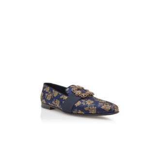 CARLTON Marinblå loafers i blommig sidenjacquard med smyckespänne