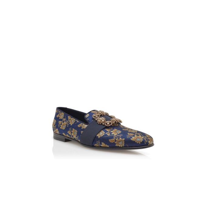CARLTON Marinblå loafers i blommig sidenjacquard med smyckespänne CARLTON Marinblå loafers i blommig sidenjacquard med smyckespänne