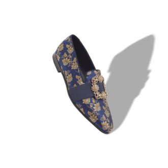 CARLTON Marinblå loafers i blommig sidenjacquard med smyckespänne