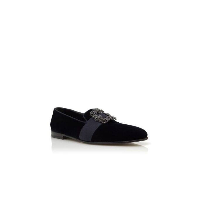 CARLTON Mörkblå loafers i sammet med smyckesbesatt spänne CARLTON Mörkblå loafers i sammet med smyckesbesatt spänne