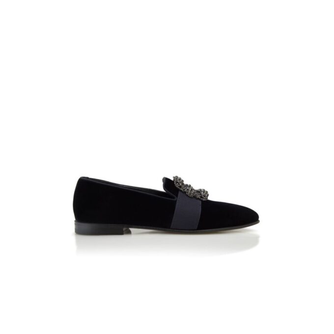 CARLTON Mörkblå loafers i sammet med smyckesbesatt spänne CARLTON Mörkblå loafers i sammet med smyckesbesatt spänne