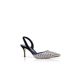 CAROLYNE 70 Svartvita raffia-pumps med slingback