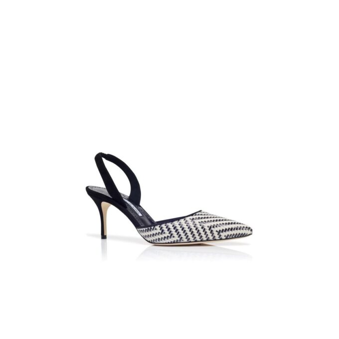 CAROLYNE 70 Svartvita raffia-pumps med slingback