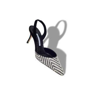 CAROLYNE 70 Svartvita raffia-pumps med slingback