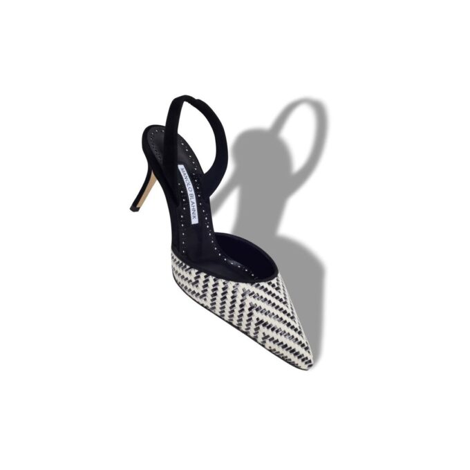 CAROLYNE 70 Svartvita raffia-pumps med slingback