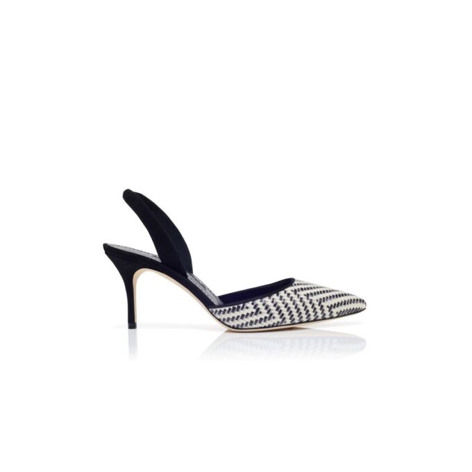 CAROLYNE 70 Svartvita raffia-pumps med slingback
