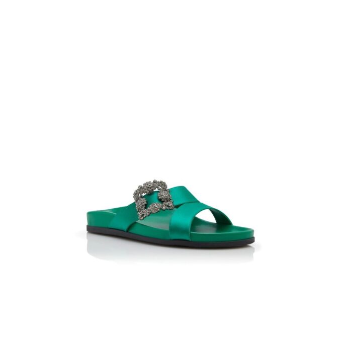 CHILANGHI Gröna platta mules i satin med spännen CHILANGHI Gröna platta mules i satin med spännen