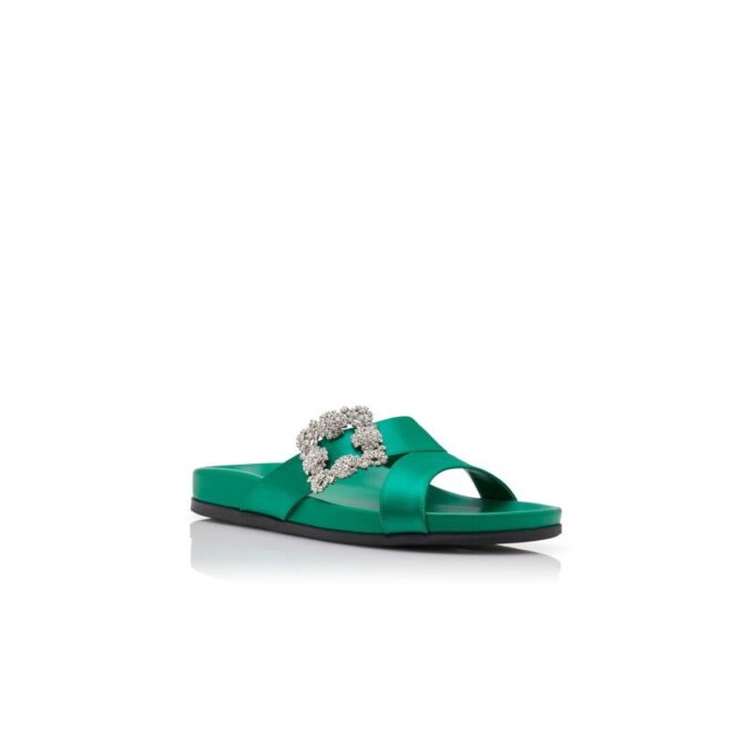 CHILANGHI Gröna platta mules i satin med spännen CHILANGHI Gröna platta mules i satin med spännen