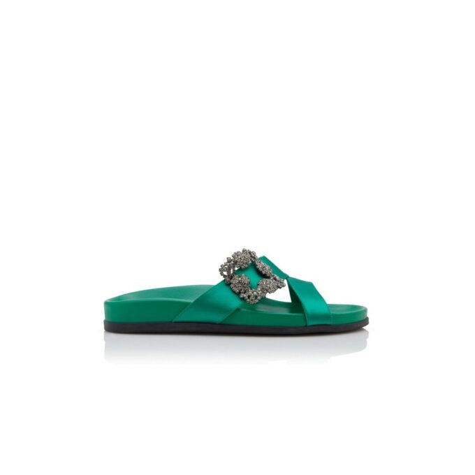 CHILANGHI Gröna platta mules i satin med spännen CHILANGHI Gröna platta mules i satin med spännen