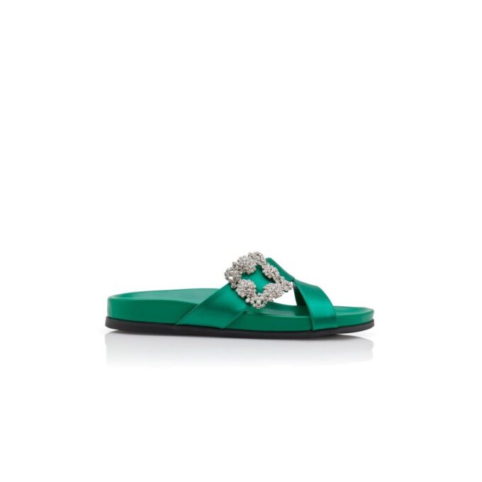 CHILANGHI Gröna platta mules i satin med spännen CHILANGHI Gröna platta mules i satin med spännen