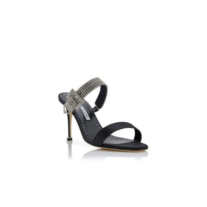 FIBOLTA Svarta mules i satin med kristallprydda remmar FIBOLTA Svarta mules i satin med kristallprydda remmar