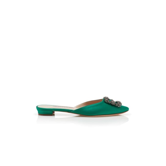 HANGISIMUFLAT Gröna platta mules i satin med spännen HANGISIMUFLAT Gröna platta mules i satin med spännen