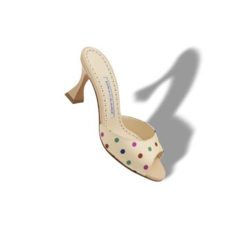 JADARON Mules i krämfärgad siden med prickmönster