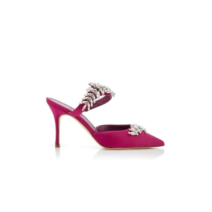Lurum Mules i fuchsiafärgad satin med kristallprydnader Lurum Mules i fuchsiafärgad satin med kristallprydnader