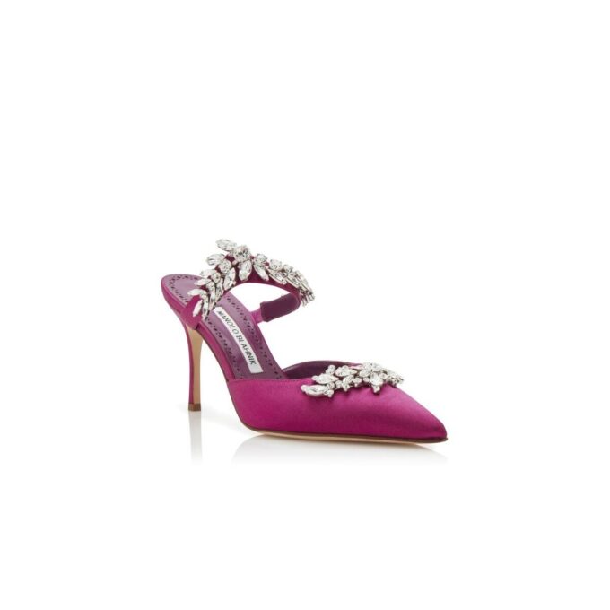 Lurum Mules i fuchsiafärgad satin med kristallprydnader Lurum Mules i fuchsiafärgad satin med kristallprydnader