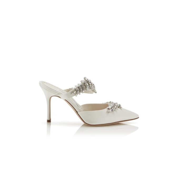 Lurum Off-White Satin Crystal Embellished Mules