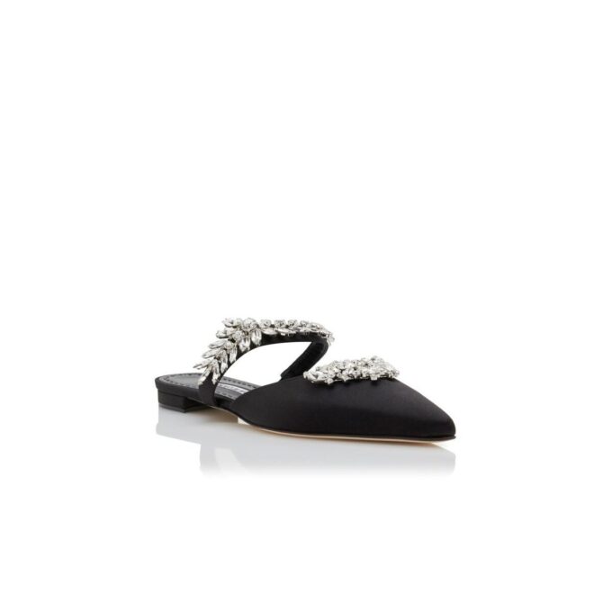 LURUMFLAT Svarta platta mules i satin med kristallprydnader LURUMFLAT Svarta platta mules i satin med kristallprydnader