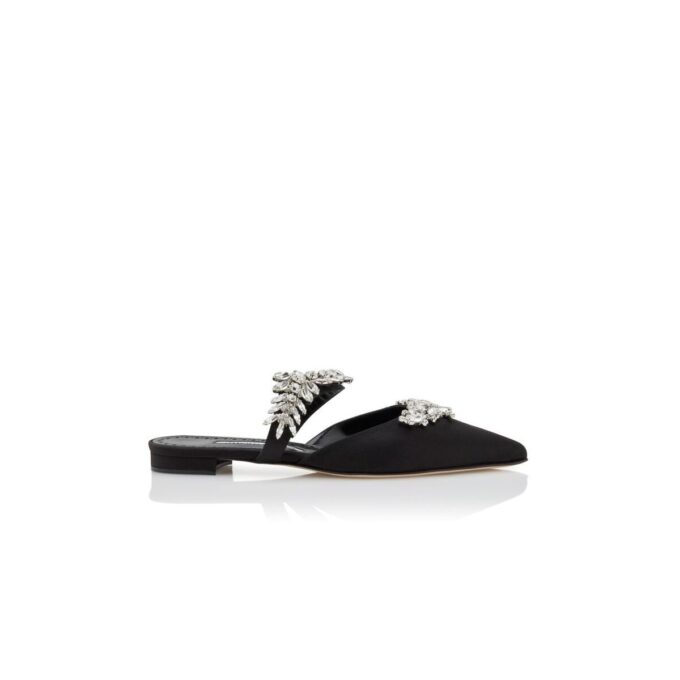 LURUMFLAT Svarta platta mules i satin med kristallprydnader LURUMFLAT Svarta platta mules i satin med kristallprydnader