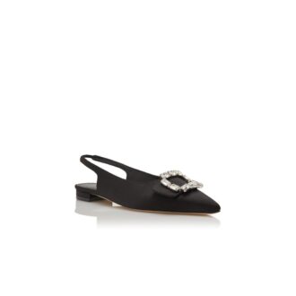MAYJOUFLATSLI Svarta platta pumps i satin med kristallspänne och slingback