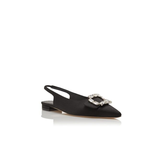 MAYJOUFLATSLI Svarta platta pumps i satin med kristallspänne och slingback MAYJOUFLATSLI Svarta platta pumps i satin med kristallspänne och slingback