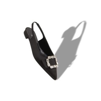 MAYJOUFLATSLI Svarta platta pumps i satin med kristallspänne och slingback