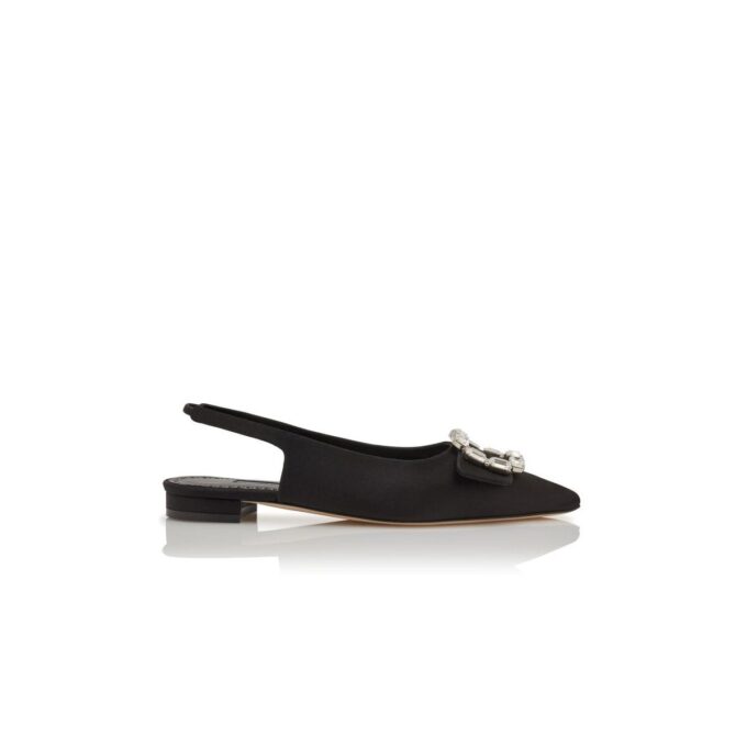 MAYJOUFLATSLI Svarta platta pumps i satin med kristallspänne och slingback MAYJOUFLATSLI Svarta platta pumps i satin med kristallspänne och slingback