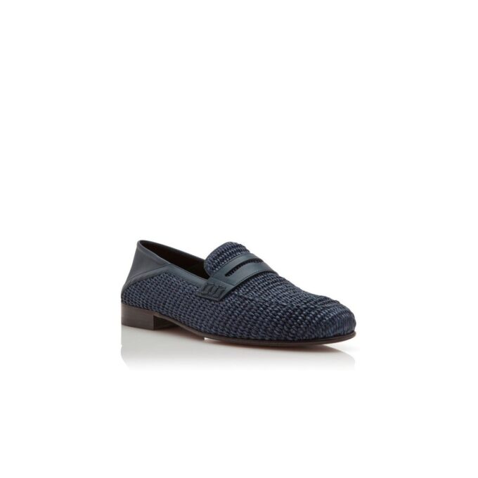 PADSTOW marinblå raffia-pennyloafers