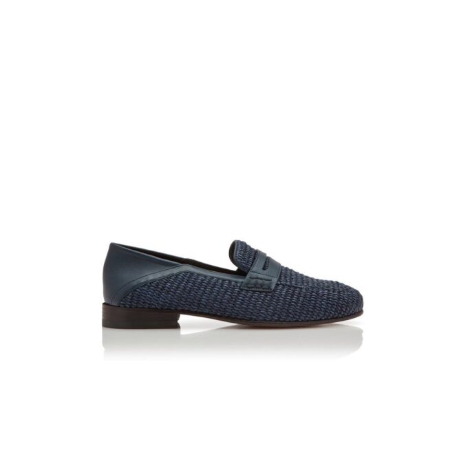 PADSTOW marinblå raffia-pennyloafers