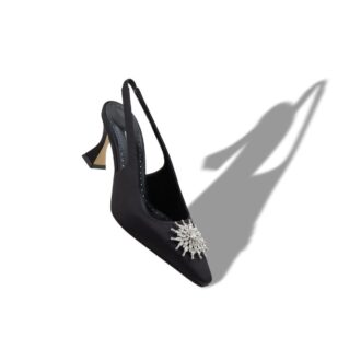 RONCONASLI Svarta pumps i satin med kristallprydnad och slingback