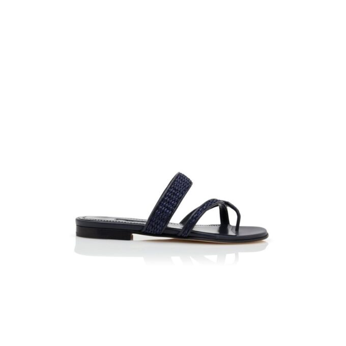 SUSARA Marinblå platta sandaler i raffia SUSARA Marinblå platta sandaler i raffia